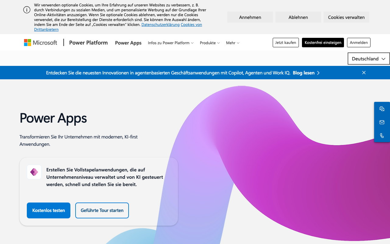 Microsoft Power Apps Homepage: Low-Code-Plattform für Unternehmensanwendungen im Microsoft-365-Ökosystem