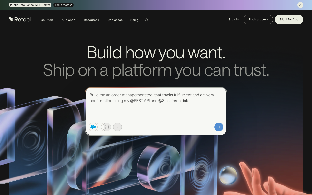 Retool Homepage: Low-Code-Plattform für interne Tools, Dashboards und Admin-Panels mit KI-Funktionen