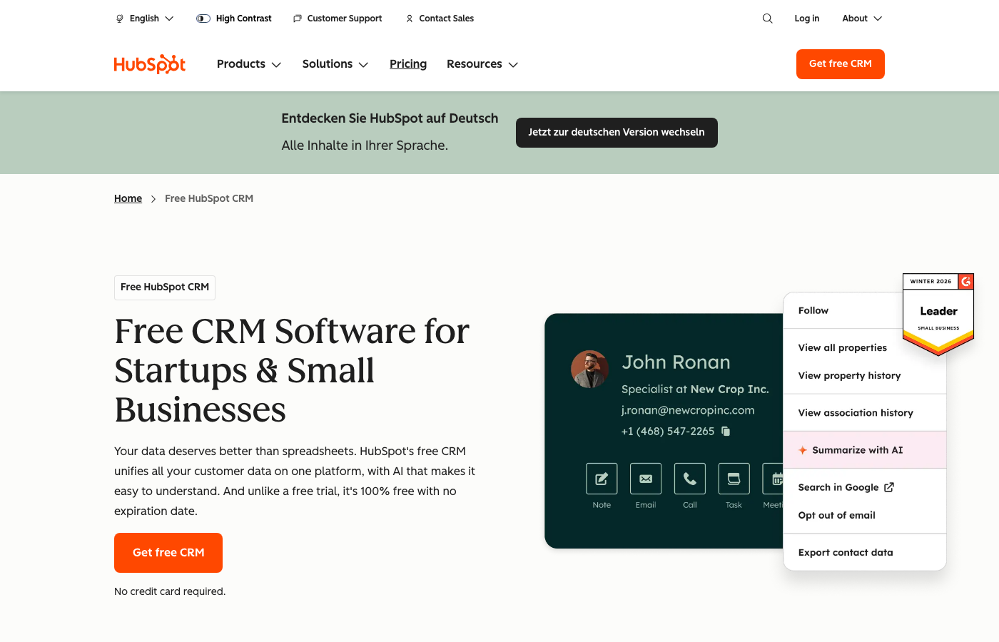 HubSpot CRM-Homepage mit kostenlosem CRM-Einstieg für Startups und kleine Unternehmen