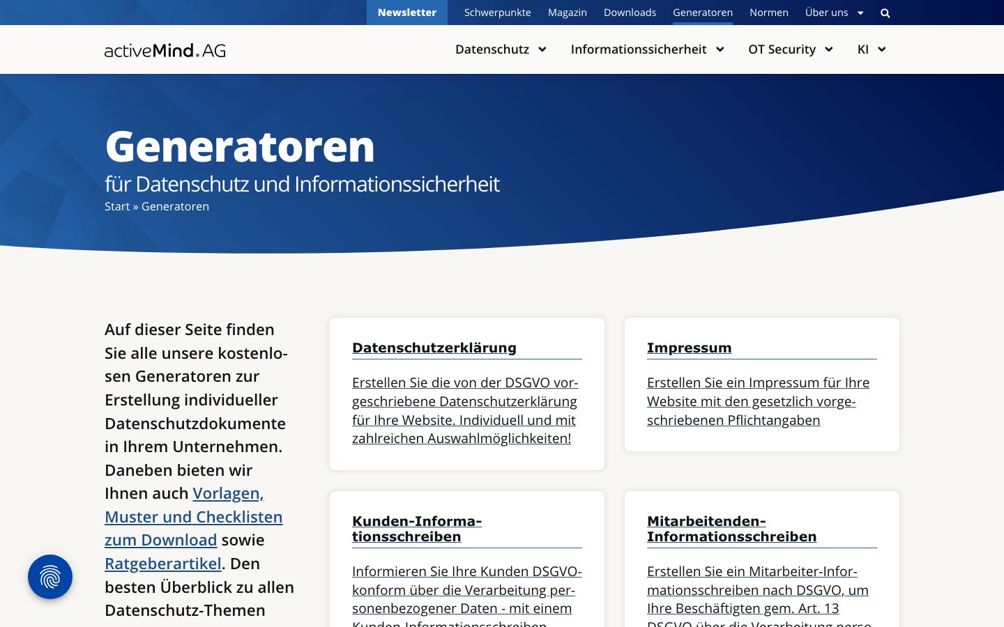 activeMind Datenschutz-Generatoren Screenshot: Generatoren