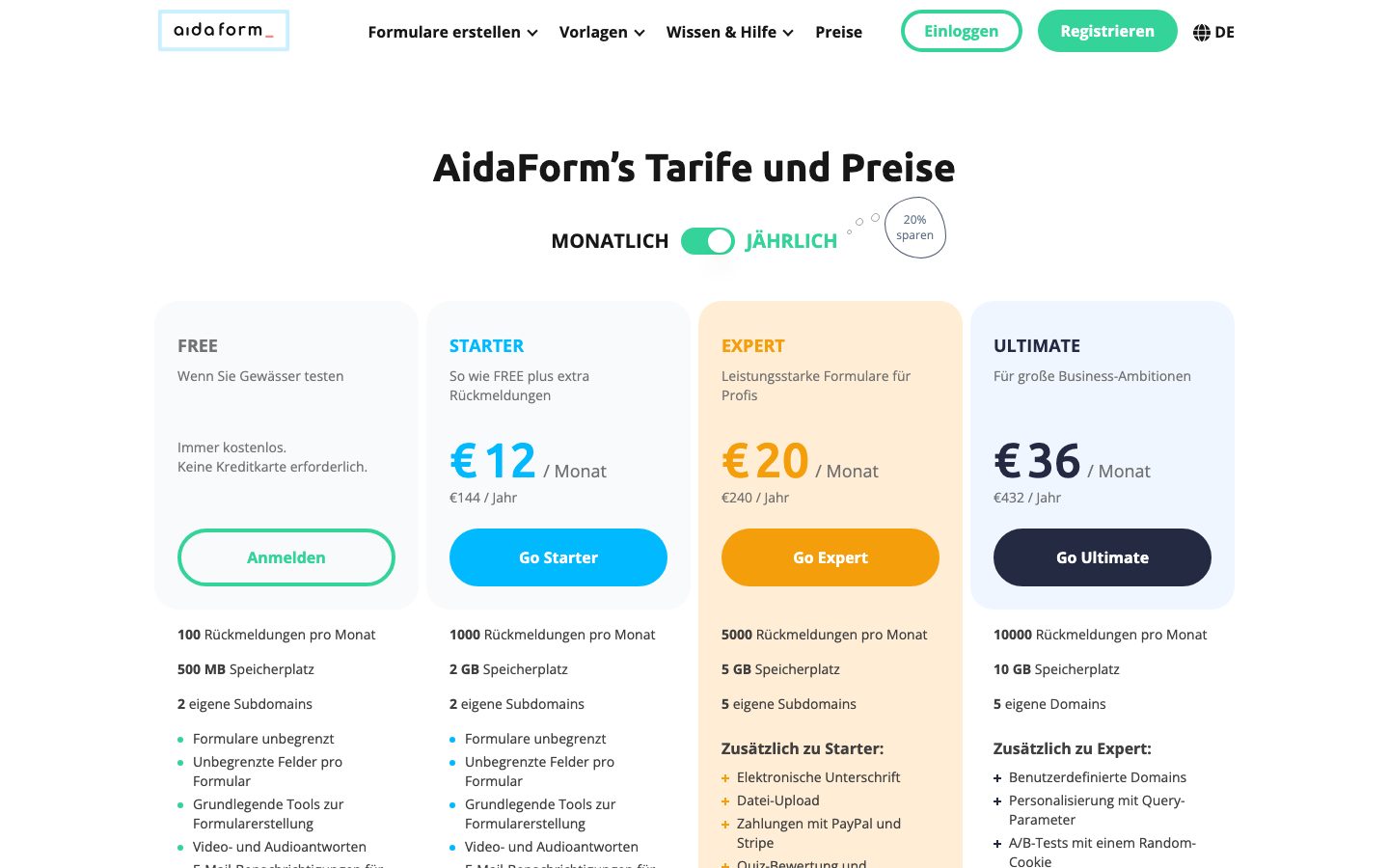 AidaForm Screenshot: Tarife und Preise