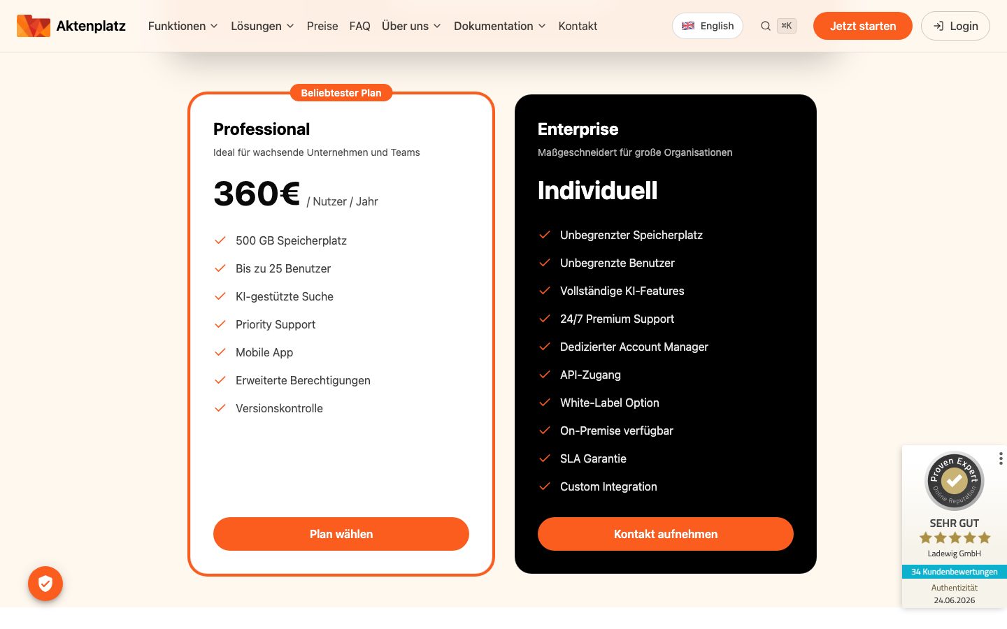 Aktenplatz Screenshot: Tarife Professional und Enterprise