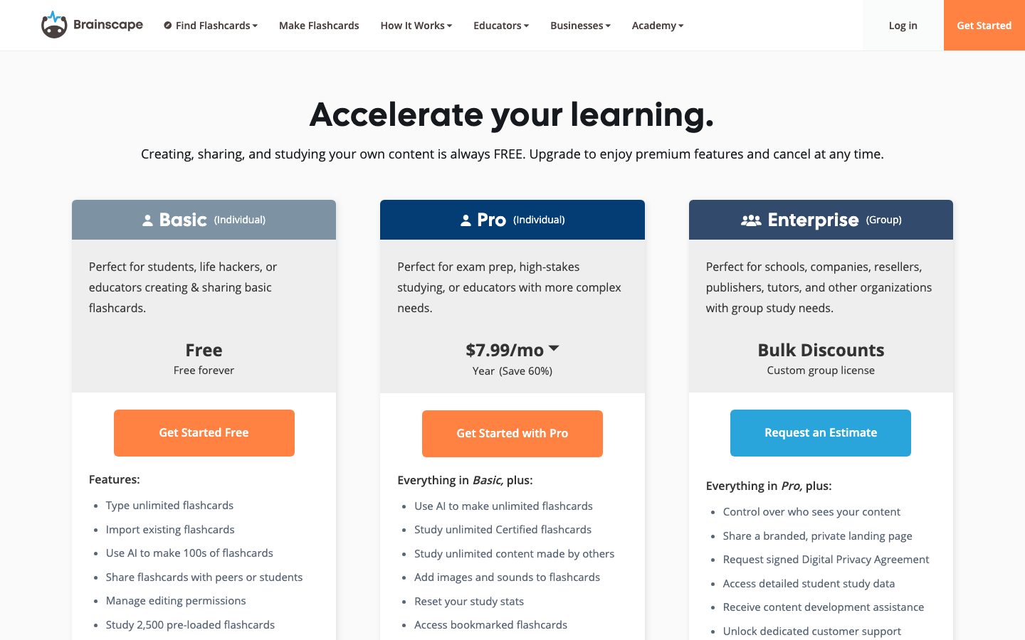 Brainscape Screenshot: Tarife Basic, Pro und Enterprise