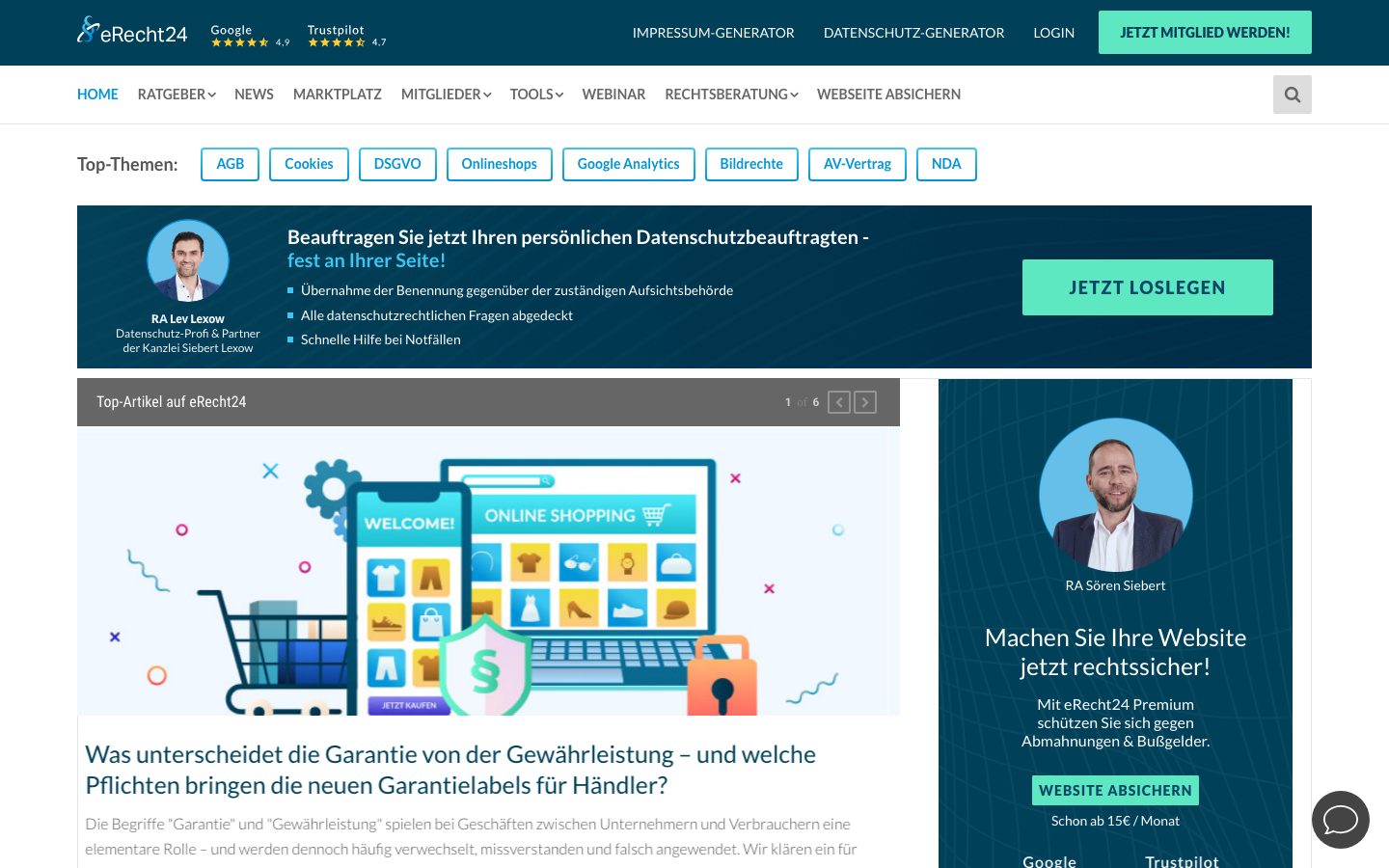 eRecht24 Screenshot: Startseite