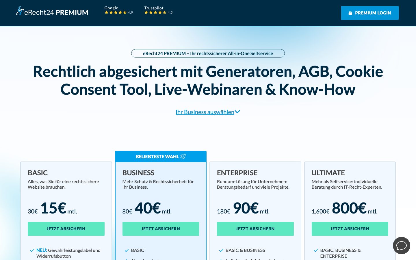 eRecht24 Screenshot: Preise und Pakete