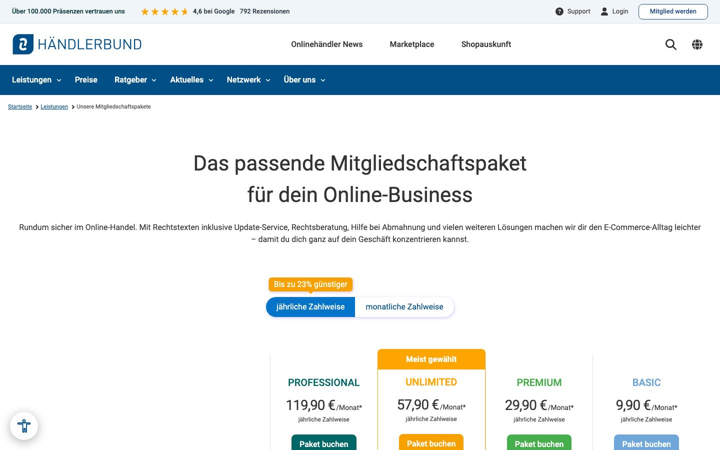 Händlerbund Screenshot: Preise und Pakete