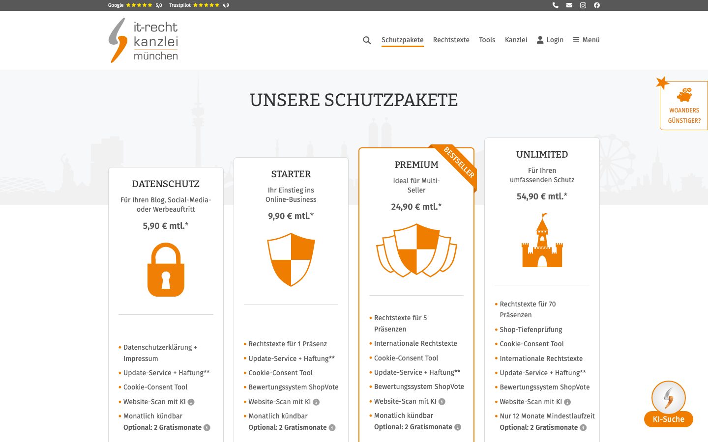IT-Recht Kanzlei Screenshot: Preise und Pakete