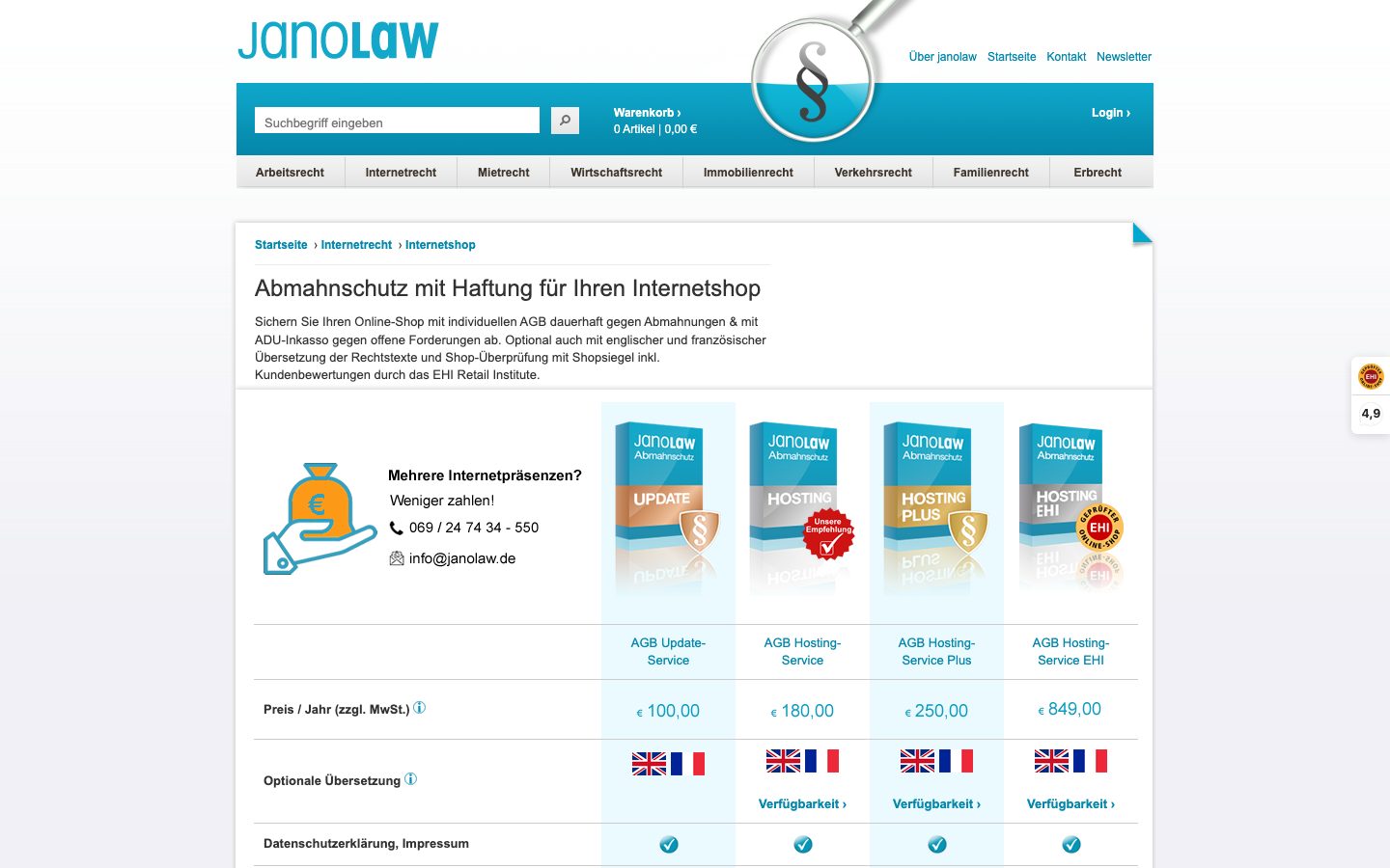 janolaw Screenshot: Pakete für Onlineshops