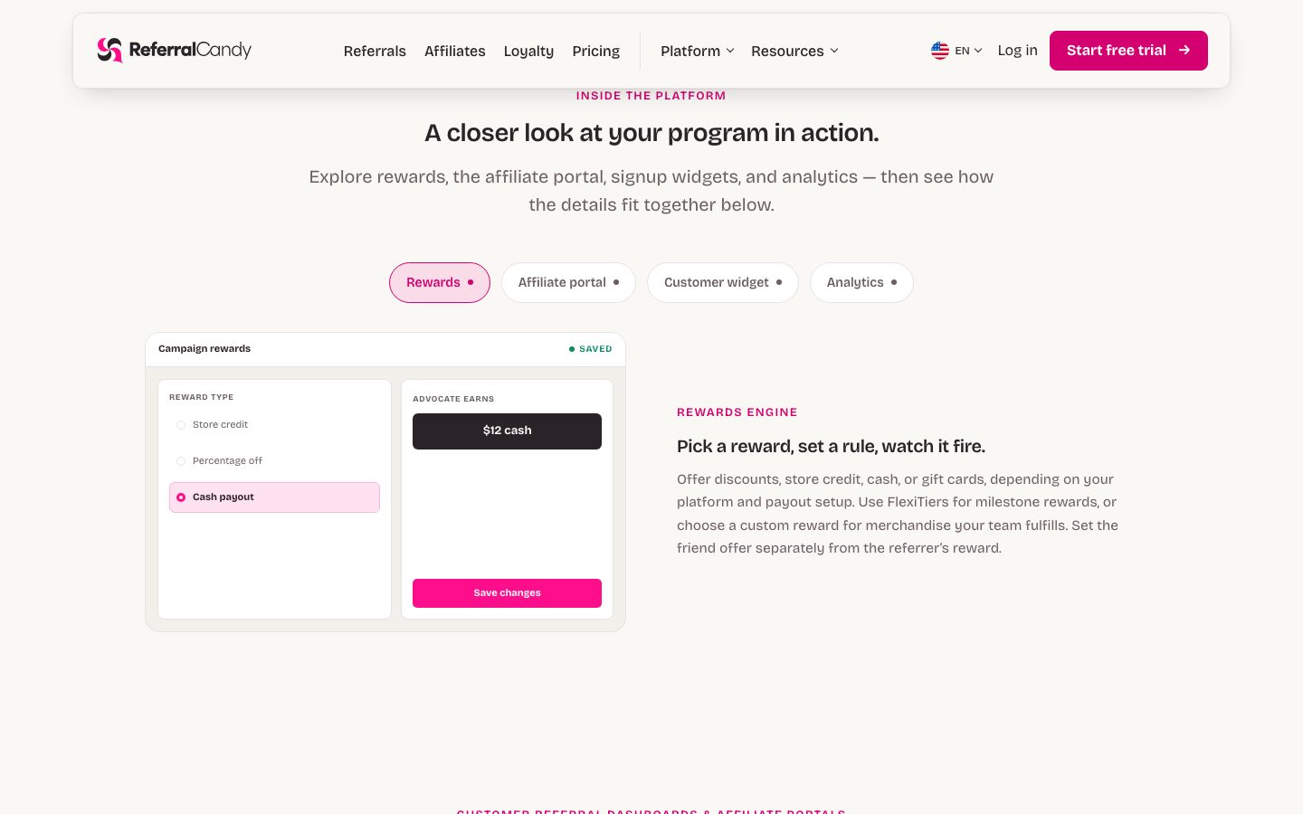 ReferralCandy Screenshot: Belohnungen im Dashboard